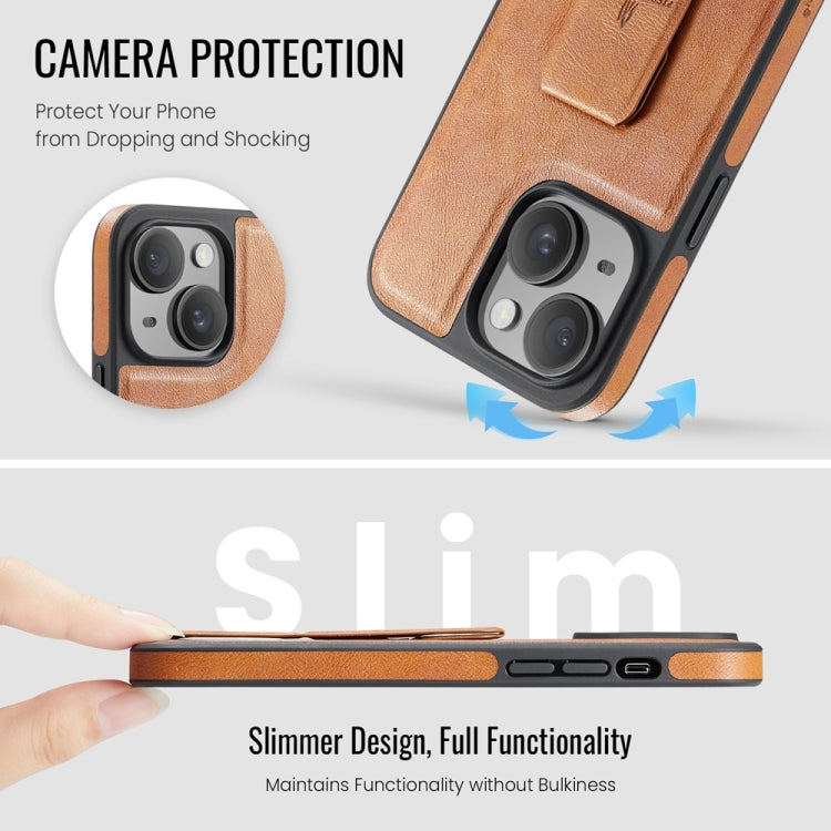 For iPhone 15 Fierre Shann Oil Wax Cow Leather Holder Back Phone Case(Brown)