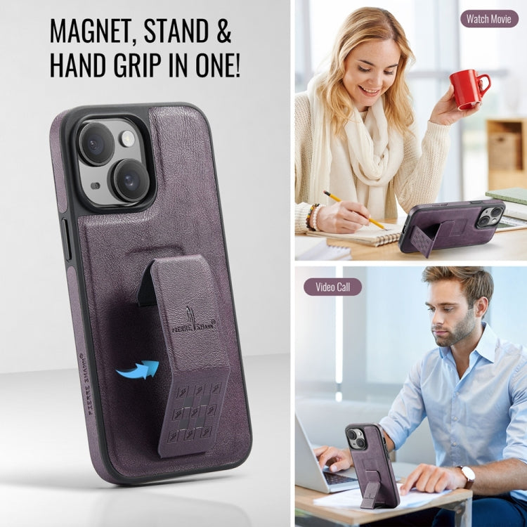 For iPhone 14 Plus Fierre Shann Oil Wax Cow Leather Holder Back Phone Case(Purple)