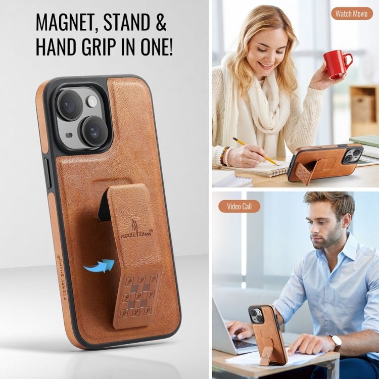 For iPhone 14 Plus Fierre Shann Oil Wax Cow Leather Holder Back Phone Case(Brown)