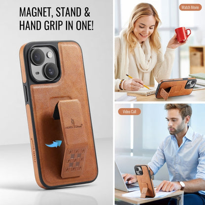 For iPhone 14 Plus Fierre Shann Oil Wax Cow Leather Holder Back Phone Case(Brown)