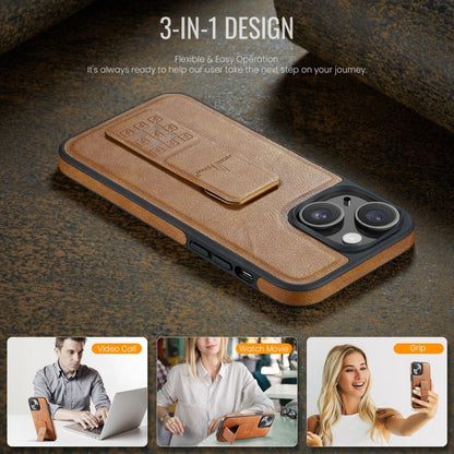 For iPhone 14 Fierre Shann Oil Wax Cow Leather Holder Back Phone Case(Brown)