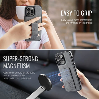 For iPhone 14 Pro Fierre Shann Oil Wax Cow Leather Holder Back Phone Case(Grey)