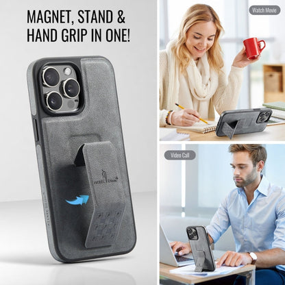 For iPhone 14 Pro Fierre Shann Oil Wax Cow Leather Holder Back Phone Case(Grey)