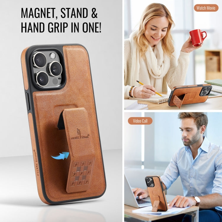 For iPhone 14 Pro Max Fierre Shann Oil Wax Cow Leather Holder Back Phone Case(Brown)