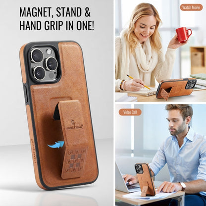 For iPhone 14 Pro Max Fierre Shann Oil Wax Cow Leather Holder Back Phone Case(Brown)
