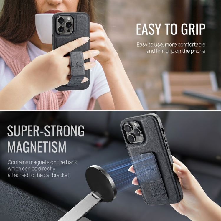 For iPhone 13 Pro Fierre Shann Oil Wax Cow Leather Holder Back Phone Case(Black)