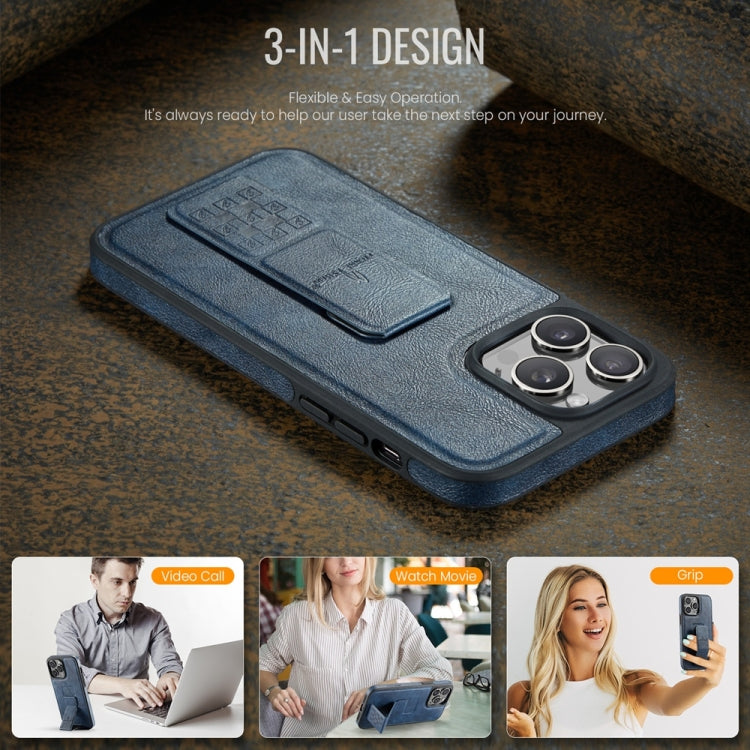 For iPhone 13 Pro Fierre Shann Oil Wax Cow Leather Holder Back Phone Case(Blue)