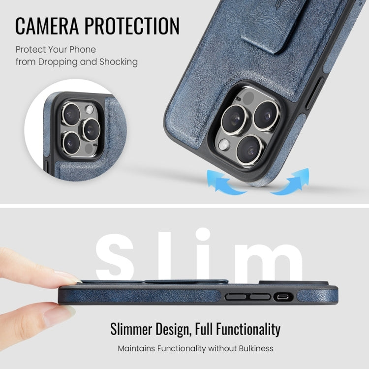 For iPhone 13 Pro Fierre Shann Oil Wax Cow Leather Holder Back Phone Case(Blue)