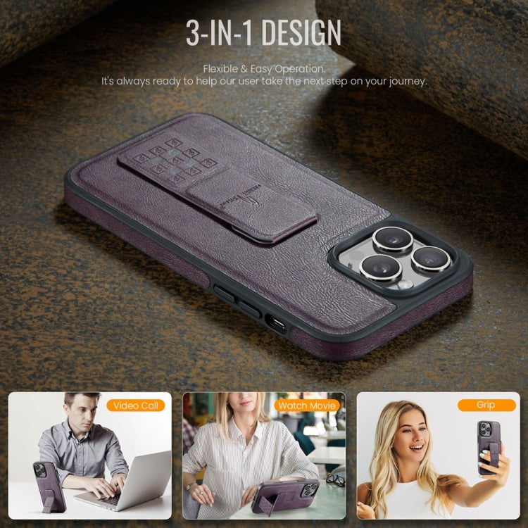 For iPhone 13 Pro Fierre Shann Oil Wax Cow Leather Holder Back Phone Case(Purple)