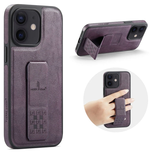 For iPhone 12 / 12 Pro Fierre Shann Oil Wax Cow Leather Holder Back Phone Case(Purple)