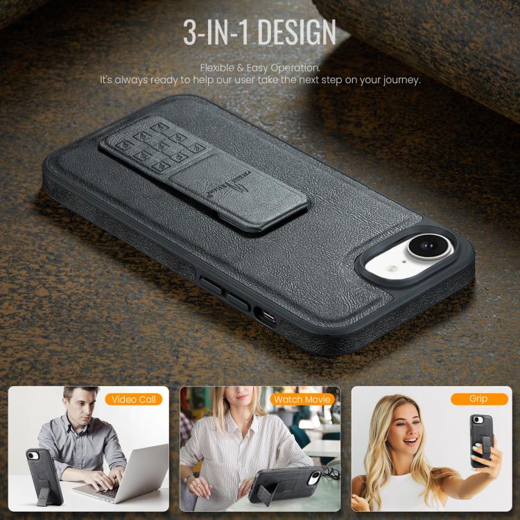 For iPhone 17e / 16e Fierre Shann Oil Wax Cow Leather Holder Back Phone Case(Black)