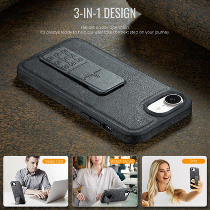 For iPhone 17e / 16e Fierre Shann Oil Wax Cow Leather Holder Back Phone Case(Black)