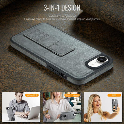 For iPhone 17e / 16e Fierre Shann Oil Wax Cow Leather Holder Back Phone Case(Grey)