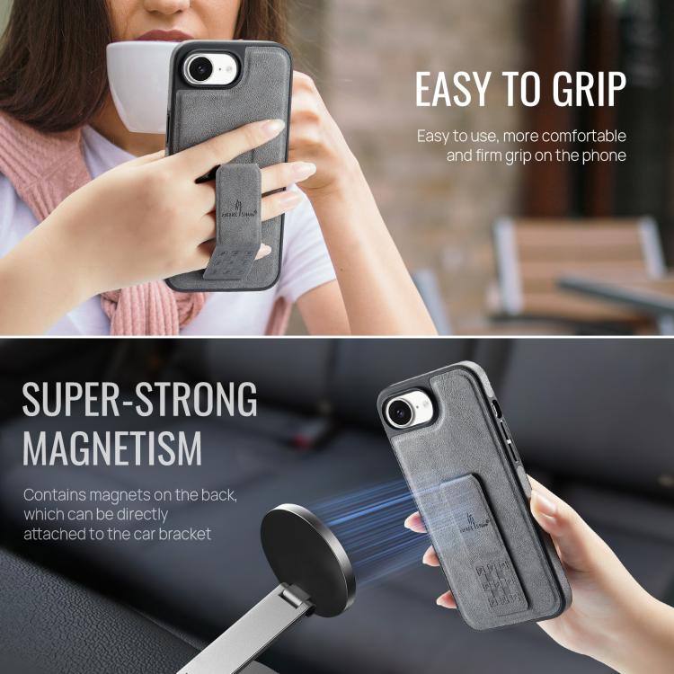 For iPhone 17e / 16e Fierre Shann Oil Wax Cow Leather Holder Back Phone Case(Grey)