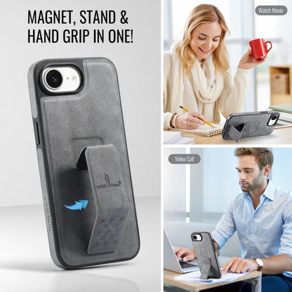 For iPhone 17e / 16e Fierre Shann Oil Wax Cow Leather Holder Back Phone Case(Grey)