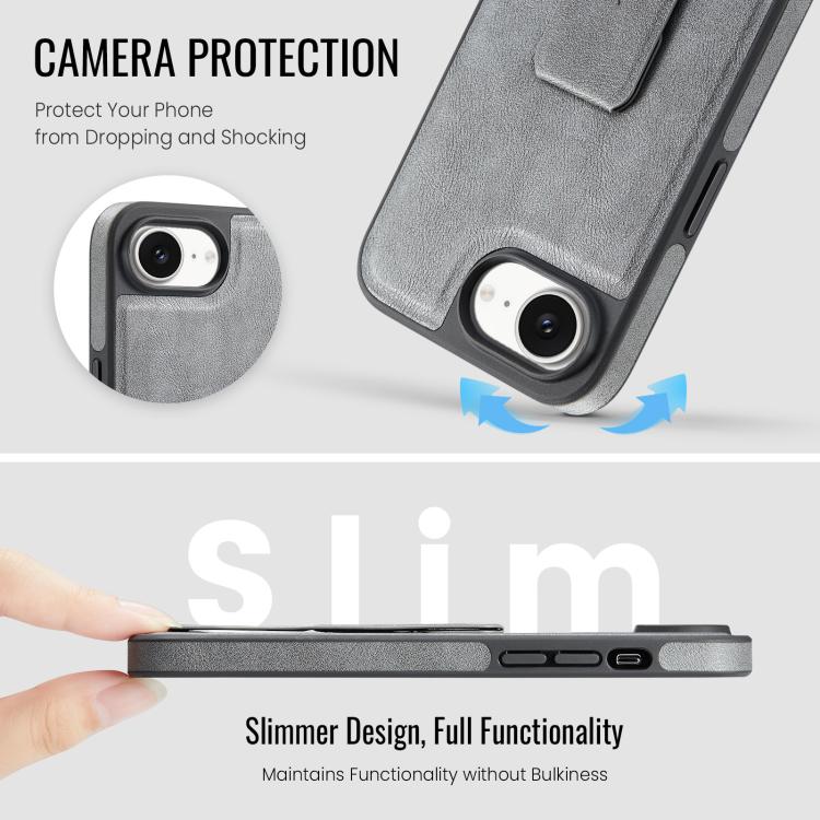 For iPhone 17e / 16e Fierre Shann Oil Wax Cow Leather Holder Back Phone Case(Grey)