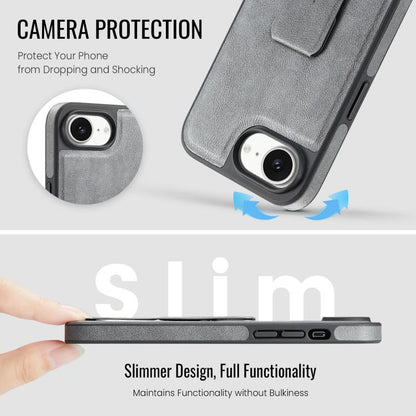 For iPhone 17e / 16e Fierre Shann Oil Wax Cow Leather Holder Back Phone Case(Grey)
