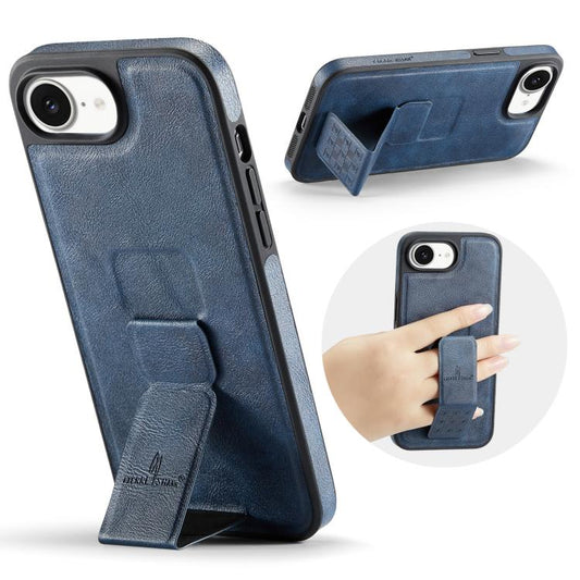 For iPhone 17e / 16e Fierre Shann Oil Wax Cow Leather Holder Back Phone Case(Blue)