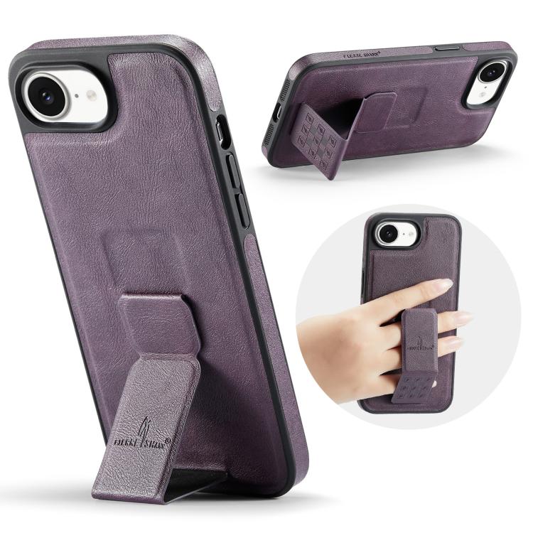 For iPhone 17e / 16e Fierre Shann Oil Wax Cow Leather Holder Back Phone Case(Purple)