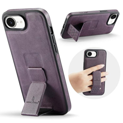 For iPhone 17e / 16e Fierre Shann Oil Wax Cow Leather Holder Back Phone Case(Purple)