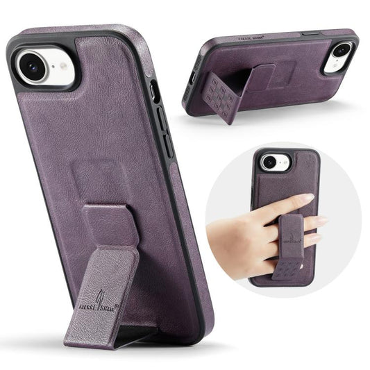 For iPhone 17e / 16e Fierre Shann Oil Wax Cow Leather Holder Back Phone Case(Purple)