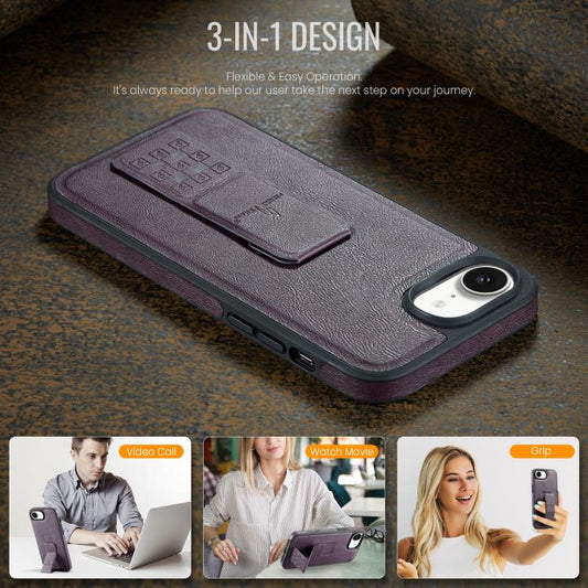 For iPhone 17e / 16e Fierre Shann Oil Wax Cow Leather Holder Back Phone Case(Purple)