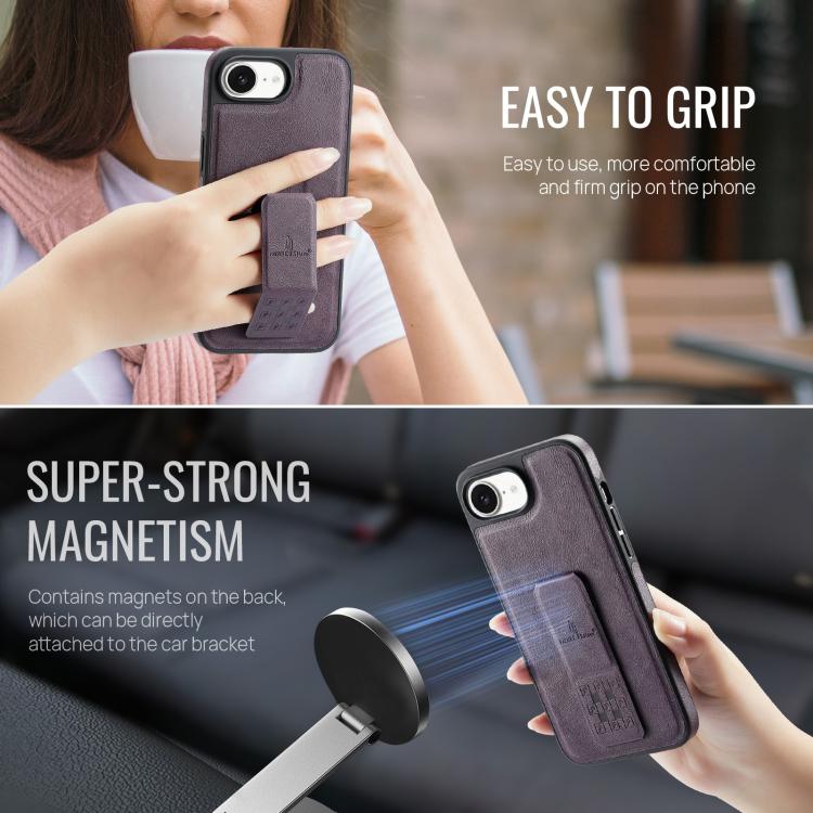 For iPhone 17e / 16e Fierre Shann Oil Wax Cow Leather Holder Back Phone Case(Purple)