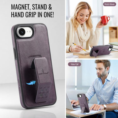 For iPhone 17e / 16e Fierre Shann Oil Wax Cow Leather Holder Back Phone Case(Purple)