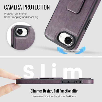 For iPhone 17e / 16e Fierre Shann Oil Wax Cow Leather Holder Back Phone Case(Purple)