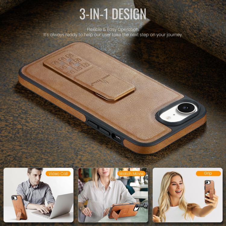 For iPhone 17e / 16e Fierre Shann Oil Wax Cow Leather Holder Back Phone Case(Brown)