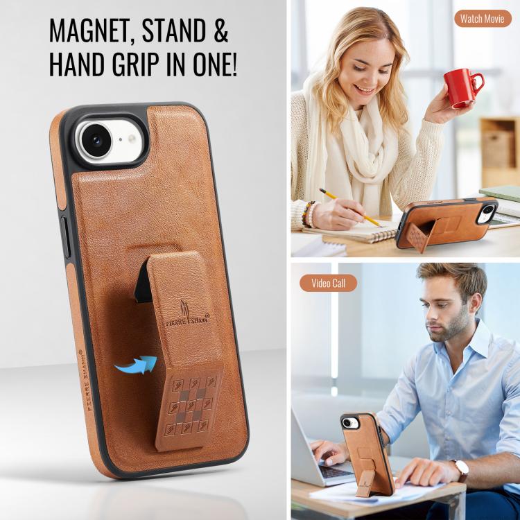 For iPhone 17e / 16e Fierre Shann Oil Wax Cow Leather Holder Back Phone Case(Brown)