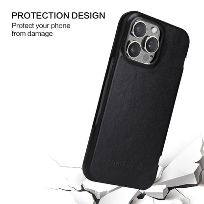 For iPhone 16 Pro Max Fierre Shann Top Layer Cowhide Business Magnetic Leather Phone Case(Black)