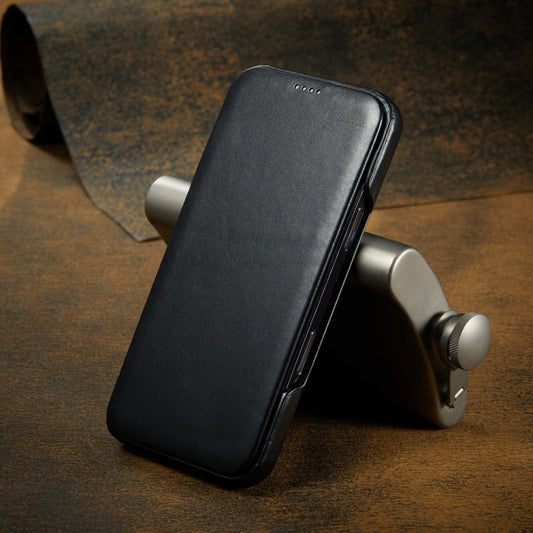 For iPhone 16 Pro Fierre Shann Top Layer Cowhide Business Magnetic Leather Phone Case(Black)