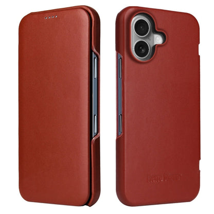 For iPhone 16 Plus Fierre Shann Top Layer Cowhide Business Magnetic Leather Phone Case(Brown)