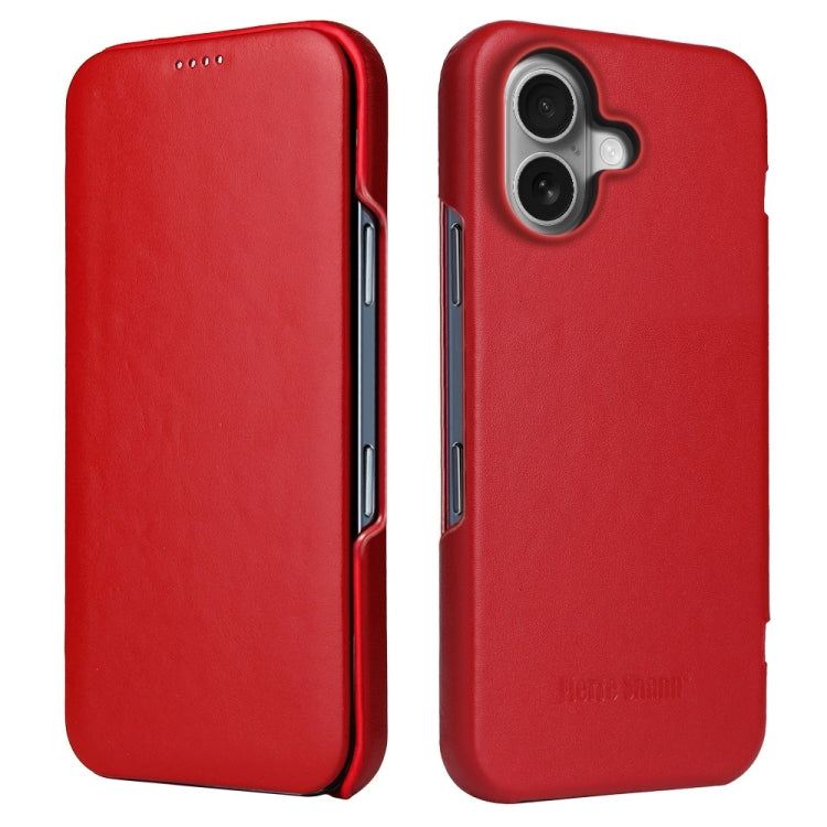 For iPhone 16 Fierre Shann Top Layer Cowhide Business Magnetic Leather Phone Case(Red)