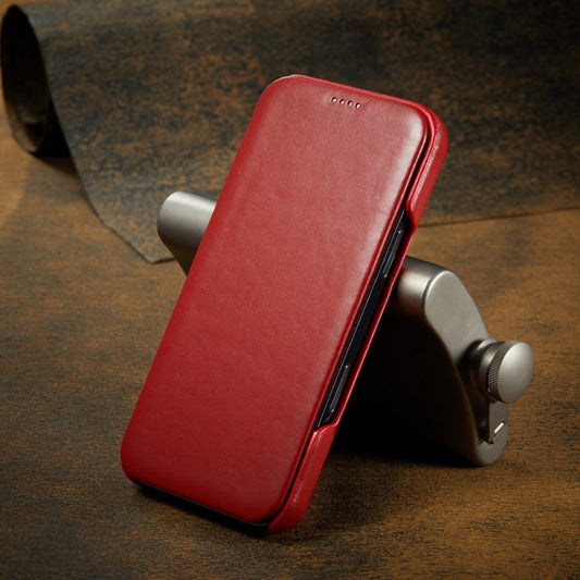 For iPhone 16 Fierre Shann Top Layer Cowhide Business Magnetic Leather Phone Case(Red)
