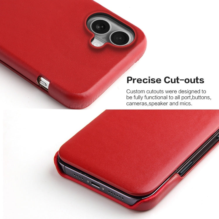 For iPhone 16 Fierre Shann Top Layer Cowhide Business Magnetic Leather Phone Case(Red)