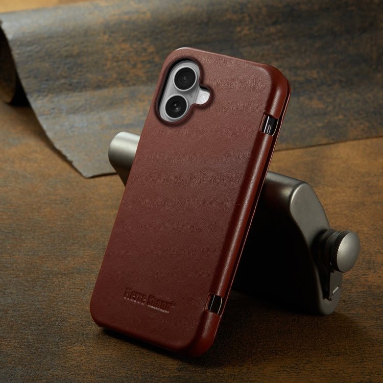 For iPhone 16 Fierre Shann Top Layer Cowhide Business Magnetic Leather Phone Case(Brown)