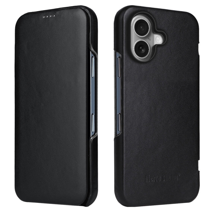 For iPhone 16 Fierre Shann Top Layer Cowhide Business Magnetic Leather Phone Case(Black)