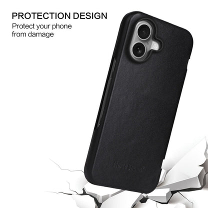 For iPhone 16 Fierre Shann Top Layer Cowhide Business Magnetic Leather Phone Case(Black)