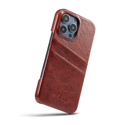 For iPhone 16 Pro Max Fierre Shann Retro Oil Wax Texture Card Slots PU Leather Phone Case(Brown)