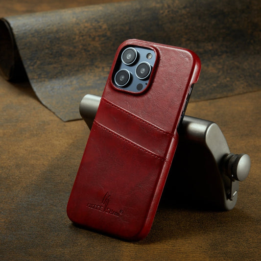 For iPhone 16 Pro Fierre Shann Retro Oil Wax Texture Card Slots PU Leather Phone Case(Red)