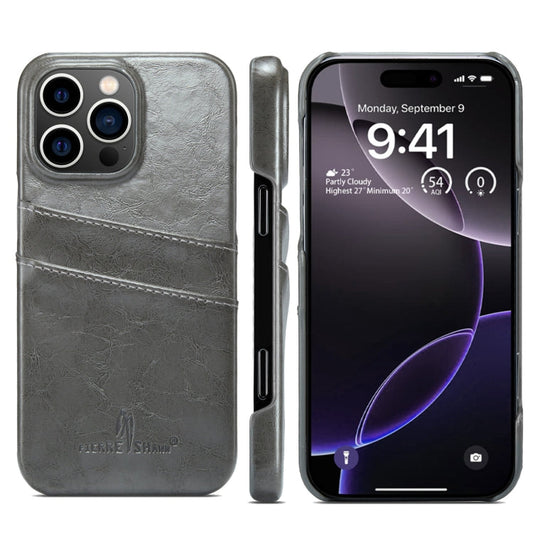 For iPhone 16 Pro Fierre Shann Retro Oil Wax Texture Card Slots PU Leather Phone Case(Grey)