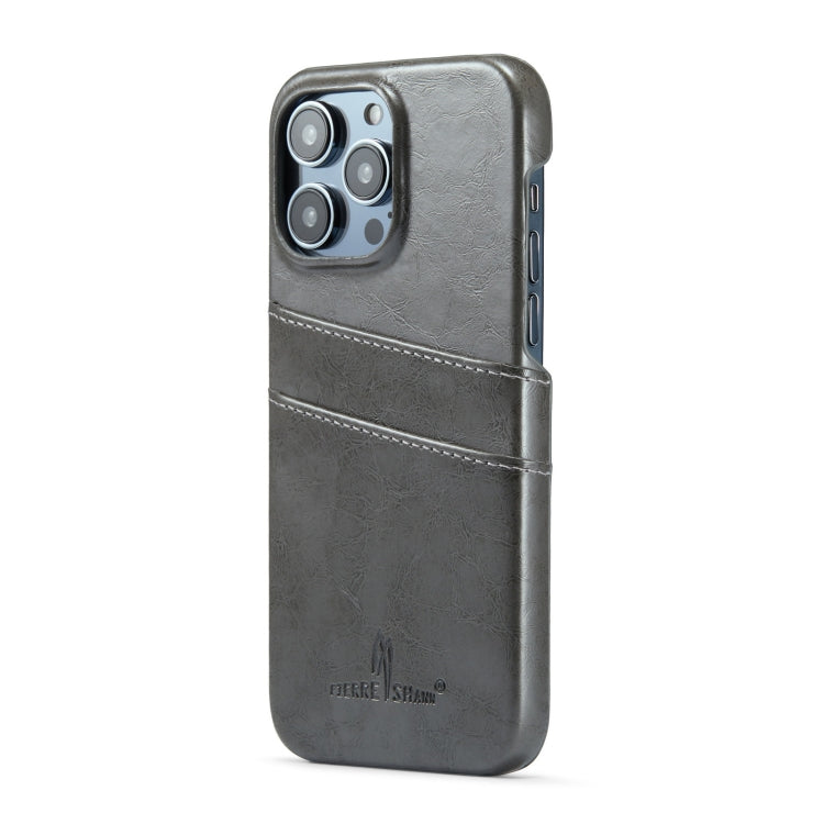 For iPhone 16 Pro Fierre Shann Retro Oil Wax Texture Card Slots PU Leather Phone Case(Grey)