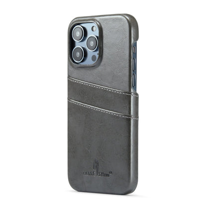 For iPhone 16 Pro Fierre Shann Retro Oil Wax Texture Card Slots PU Leather Phone Case(Grey)