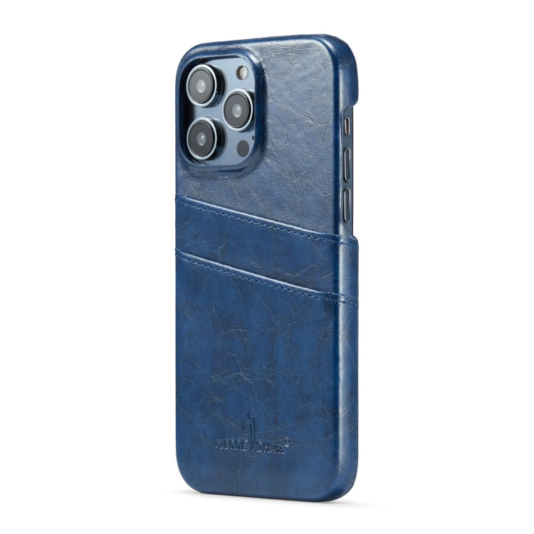 For iPhone 16 Pro Fierre Shann Retro Oil Wax Texture Card Slots PU Leather Phone Case(Blue)