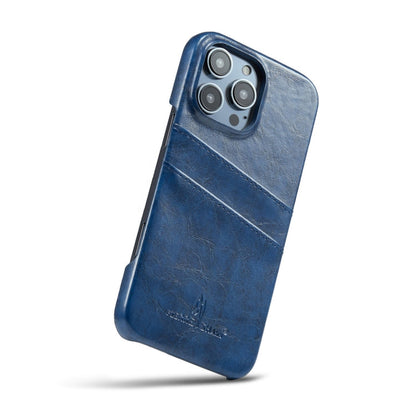 For iPhone 16 Pro Fierre Shann Retro Oil Wax Texture Card Slots PU Leather Phone Case(Blue)