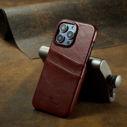 For iPhone 16 Pro Fierre Shann Retro Oil Wax Texture Card Slots PU Leather Phone Case(Brown)
