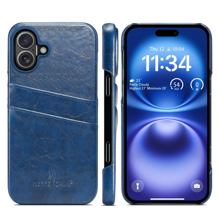 Pour iPhone 16 Plus Fierre Shann Étui de téléphone en cuir PU à texture rétro cirée avec fentes pour cartes (Bleu)