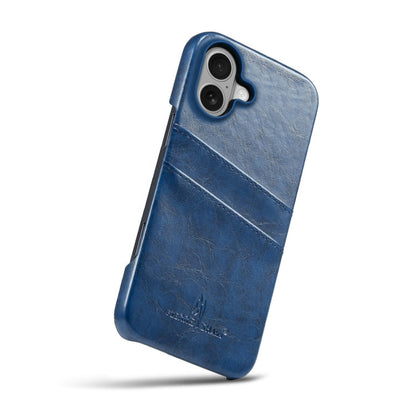 Pour iPhone 16 Plus Fierre Shann Étui de téléphone en cuir PU à texture rétro cirée avec fentes pour cartes (Bleu)